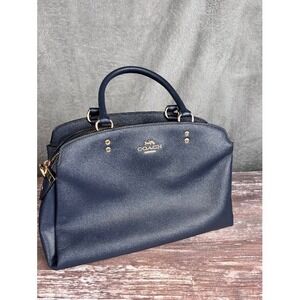 Coach Navy Blue Leather Satchel Handbag Purse Gold Hardware Logo Detail Stylish